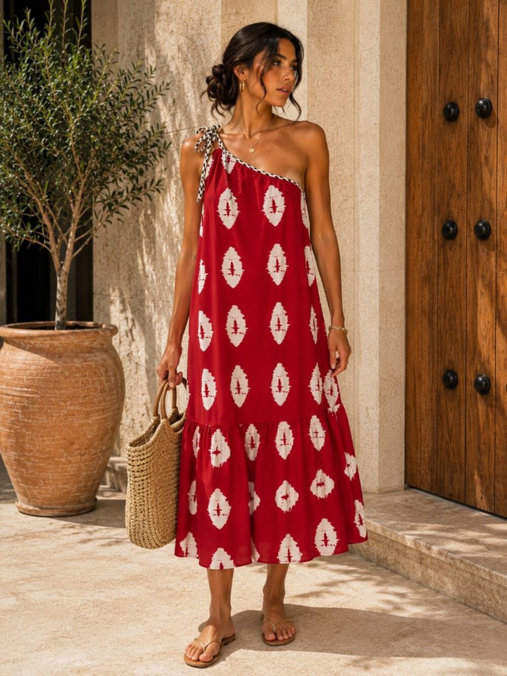 Red and White Printed One-Shoulder Maxi Dress